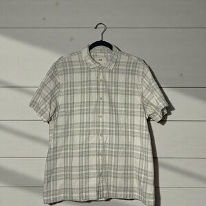 Folk Men’s White Linen/Cotton Blend Camp Collar Short-Sleeve Plaid Shirt Size L